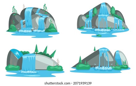 Cae agua. Cascadas fluviales de fondo blanco acantilado. El agua cae sobre los arroyos. Pintoresca atracción turística con pequeña cascada y agua clara. Paisajes de dibujos animados con montañas y árboles