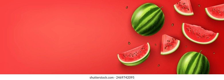 Falling watermelon 3D realistic fruit whole and pieces on red background with slices and seeds. Poster, banner mockup.