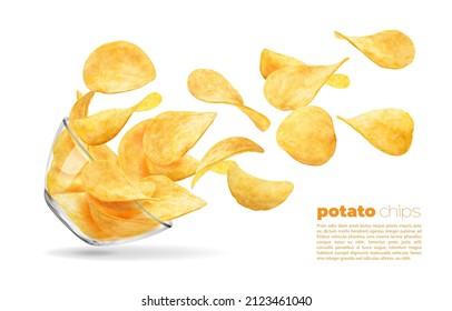 Falling wavy potato chips, glass bowl with flying chips. Realistic 3d vector crunchy snack in motion. Delicious food advert, crisp meal promotion with chips and fallen transparent bowl