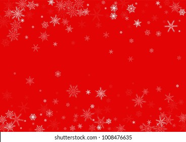 Falling white christmas snow on red. Vector New Year snowflake abstract background. Glitter confetti. Snowflakes decoration effect. Winter holiday print. Snowfall texture for poster, banner, card.