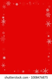 Falling white christmas snow on red. Vector New Year snowflake abstract background. Glitter confetti. Snowflakes decoration effect. Winter holiday print. Snowfall texture for poster, banner, card.