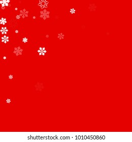 Falling white christmas snow on red. Vector New Year snowflake abstract background. Glitter confetti. Snowflakes decoration effect. Winter holiday print. Snowfall texture for poster, banner, card.