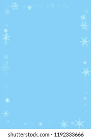 Falling white christmas snow on blue. Vector New Year snowflake abstract background. Glitter confetti. Snowflakes decoration effect. Winter holiday print. Snowfall texture for poster, banner, card.