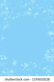 Falling white christmas snow on blue. Vector New Year snowflake abstract background. Glitter confetti. Snowflakes decoration effect. Winter holiday print. Snowfall texture for poster, banner, card.