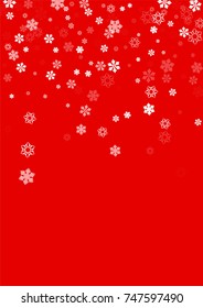 Falling white christmas snow on red. Vector New Year snowflake abstract background. Glitter confetti. 