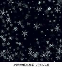 Falling white christmas snow on black. Vector New Year snowflake abstract background. Glitter confetti. 
