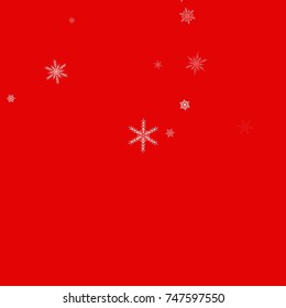 Falling white christmas snow on red. Vector New Year snowflake abstract background. Glitter confetti. 