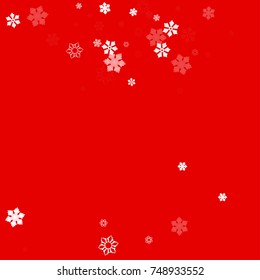 Falling white christmas snow on red. Vector New Year snowflake abstract background. Glitter confetti. Snowflakes decoration effect. Winter holiday print. Snowfall texture for poster, banner, card.