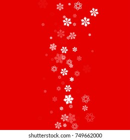 Falling white christmas snow on red. Vector New Year snowflake abstract background. Glitter confetti. Snowflakes decoration effect. Winter holiday print. Snowfall texture for poster, banner, card.