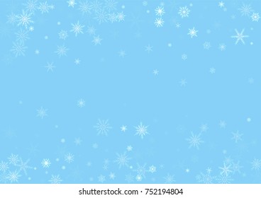 Falling white christmas snow on blue. Vector New Year snowflake abstract background. Glitter confetti. Snowflakes decoration effect. Winter holiday print. Snowfall texture for poster, banner, card.