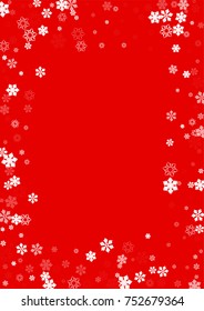 Falling white christmas snow on red. Vector New Year snowflake abstract background. Glitter confetti. Snowflakes decoration effect. Winter holiday print. Snowfall texture for poster, banner, card.