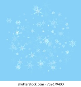 Falling white christmas snow on blue. Vector New Year snowflake abstract background. Glitter confetti. Snowflakes decoration effect. Winter holiday print. Snowfall texture for poster, banner, card.