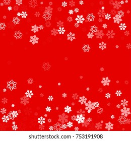 Falling white christmas snow on red. Vector New Year snowflake abstract background. Glitter confetti. Snowflakes decoration effect. Winter holiday print. Snowfall texture for poster, banner, card.