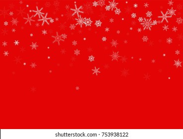 Falling white christmas snow on red. Vector New Year snowflake abstract background. Glitter confetti. Snowflakes decoration effect. Winter holiday print. Snowfall texture for poster, banner, card.