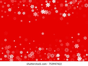 Falling white christmas snow on red. Vector New Year snowflake abstract background. Glitter confetti. Snowflakes decoration effect. Winter holiday print. Snowfall texture for poster, banner, card.