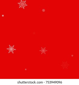 Falling white christmas snow on red. Vector New Year snowflake abstract background. Glitter confetti. Snowflakes decoration effect. Winter holiday print. Snowfall texture for poster, banner, card.