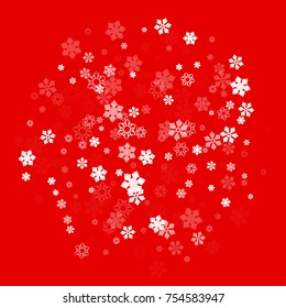 Falling white christmas snow on red. Vector New Year snowflake abstract background. Glitter confetti. Snowflakes decoration effect. Winter holiday print. Snowfall texture for poster, banner, card.