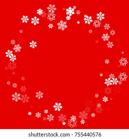 Falling white christmas snow on red. Vector New Year snowflake abstract background. Glitter confetti. Snowflakes decoration effect. Winter holiday print. Snowfall texture for poster, banner, card.