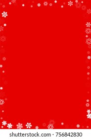 Falling white christmas snow on red. Vector New Year snowflake abstract background. Glitter confetti. Snowflakes decoration effect. Winter holiday print. Snowfall texture for poster, banner, card.