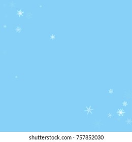 Falling white christmas snow on blue. Vector New Year snowflake abstract background. Glitter confetti. Snowflakes decoration effect. Winter holiday print. Snowfall texture for poster, banner, card.