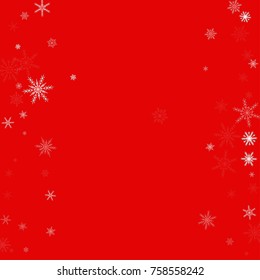 Falling white christmas snow on red. Vector New Year snowflake abstract background. Glitter confetti. Snowflakes decoration effect. Winter holiday print. Snowfall texture for poster, banner, card.
