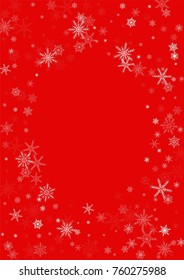 Falling white christmas snow on red. Vector New Year snowflake abstract background. Glitter confetti. Snowflakes decoration effect. Winter holiday print. Snowfall texture for poster, banner, card.