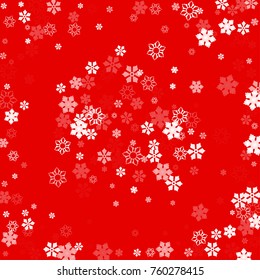 Falling white christmas snow on red. Vector New Year snowflake abstract background. Glitter confetti. Snowflakes decoration effect. Winter holiday print. Snowfall texture for poster, banner, card.