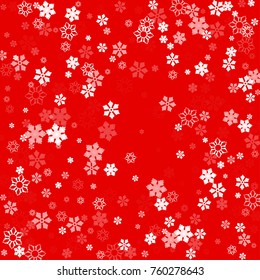 Falling white christmas snow on red. Vector New Year snowflake abstract background. Glitter confetti. Snowflakes decoration effect. Winter holiday print. Snowfall texture for poster, banner, card.