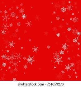 Falling white christmas snow on red. Vector New Year snowflake abstract background. Glitter confetti. Snowflakes decoration effect. Winter holiday print. Snowfall texture for poster, banner, card.