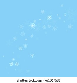 Falling white christmas snow on blue. Vector New Year snowflake abstract background. Glitter confetti. Snowflakes decoration effect. Winter holiday print. Snowfall texture for poster, banner, card.