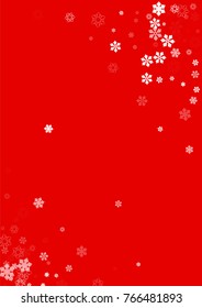 Falling white christmas snow on red. Vector New Year snowflake abstract background. Glitter confetti. Snowflakes decoration effect. Winter holiday print. Snowfall texture for poster, banner, card.