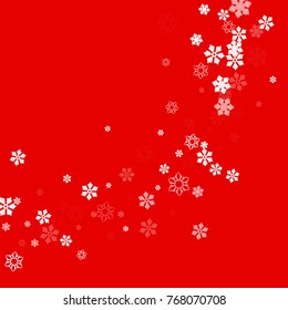 Falling white christmas snow on red. Vector New Year snowflake abstract background. Glitter confetti. Snowflakes decoration effect. Winter holiday print. Snowfall texture for poster, banner, card.