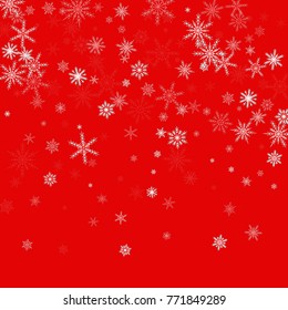 Falling white christmas snow on red. Vector New Year snowflake abstract background. Glitter confetti. Snowflakes decoration effect. Winter holiday print. Snowfall texture for poster, banner, card.