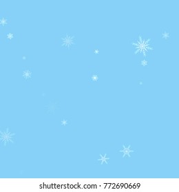 Falling white christmas snow on blue. Vector New Year snowflake abstract background. Glitter confetti. Snowflakes decoration effect. Winter holiday print. Snowfall texture for poster, banner, card.