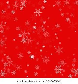 Falling white christmas snow on red. Vector New Year snowflake abstract background. Glitter confetti. Snowflakes decoration effect. Winter holiday print. Snowfall texture for poster, banner, card.