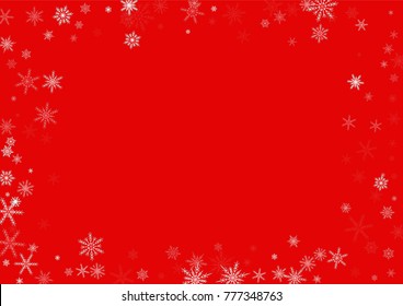 Falling white christmas snow on red. Vector New Year snowflake abstract background. Glitter confetti. Snowflakes decoration effect. Winter holiday print. Snowfall texture for poster, banner, card.