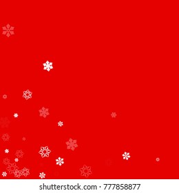 Falling white christmas snow on red. Vector New Year snowflake abstract background. Glitter confetti. Snowflakes decoration effect. Winter holiday print. Snowfall texture for poster, banner, card.
