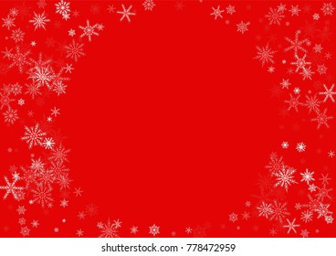 Falling white christmas snow on red. Vector New Year snowflake abstract background. Glitter confetti. Snowflakes decoration effect. Winter holiday print. Snowfall texture for poster, banner, card.
