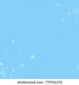 Falling white christmas snow on blue. Vector New Year snowflake abstract background. Glitter confetti. Snowflakes decoration effect. Winter holiday print. Snowfall texture for poster, banner, card.
