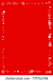 Falling white christmas snow on red. Vector New Year snowflake abstract background. Glitter confetti. Snowflakes decoration effect. Winter holiday print. Snowfall texture for poster, banner, card.