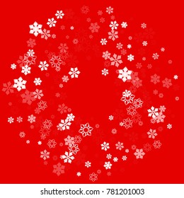 Falling white christmas snow on red. Vector New Year snowflake abstract background. Glitter confetti. Snowflakes decoration effect. Winter holiday print. Snowfall texture for poster, banner, card.