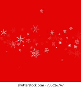 Falling white christmas snow on red. Vector New Year snowflake abstract background. Glitter confetti. Snowflakes decoration effect. Winter holiday print. Snowfall texture for poster, banner, card.