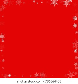 Falling white christmas snow on red. Vector New Year snowflake abstract background. Glitter confetti. Snowflakes decoration effect. Winter holiday print. Snowfall texture for poster, banner, card.