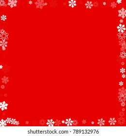 Falling white christmas snow on red. Vector New Year snowflake abstract background. Glitter confetti. Snowflakes decoration effect. Winter holiday print. Snowfall texture for poster, banner, card.