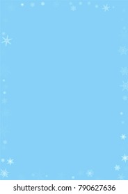 Falling white christmas snow on blue. Vector New Year snowflake abstract background. Glitter confetti. Snowflakes decoration effect. Winter holiday print. Snowfall texture for poster, banner, card.