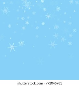 Falling white christmas snow on blue. Vector New Year snowflake abstract background. Glitter confetti. Snowflakes decoration effect. Winter holiday print. Snowfall texture for poster, banner, card.