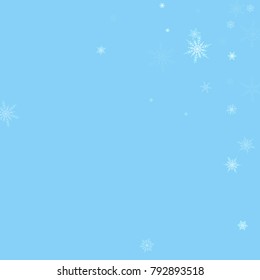 Falling white christmas snow on blue. Vector New Year snowflake abstract background. Glitter confetti. Snowflakes decoration effect. Winter holiday print. Snowfall texture for poster, banner, card.