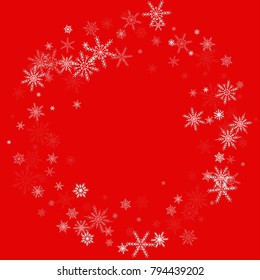 Falling white christmas snow on red. Vector New Year snowflake abstract background. Glitter confetti. Snowflakes decoration effect. Winter holiday print. Snowfall texture for poster, banner, card.