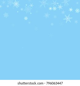Falling white christmas snow on blue. Vector New Year snowflake abstract background. Glitter confetti. Snowflakes decoration effect. Winter holiday print. Snowfall texture for poster, banner, card.