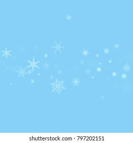 Falling white christmas snow on blue. Vector New Year snowflake abstract background. Glitter confetti. Snowflakes decoration effect. Winter holiday print. Snowfall texture for poster, banner, card.
